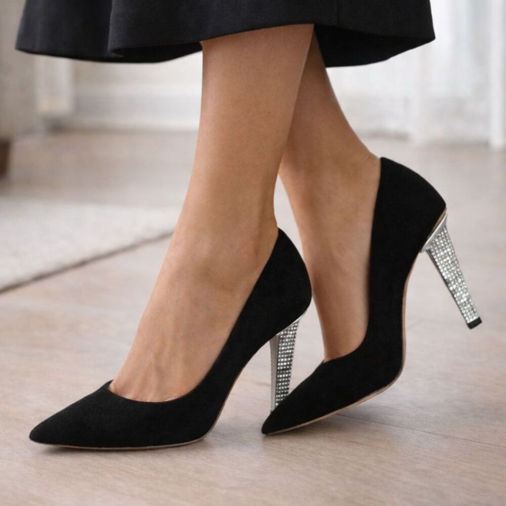 Michael Kors Suede Pumps Black Rhinestone Heel Pointed Toe Leather Size 10 READ